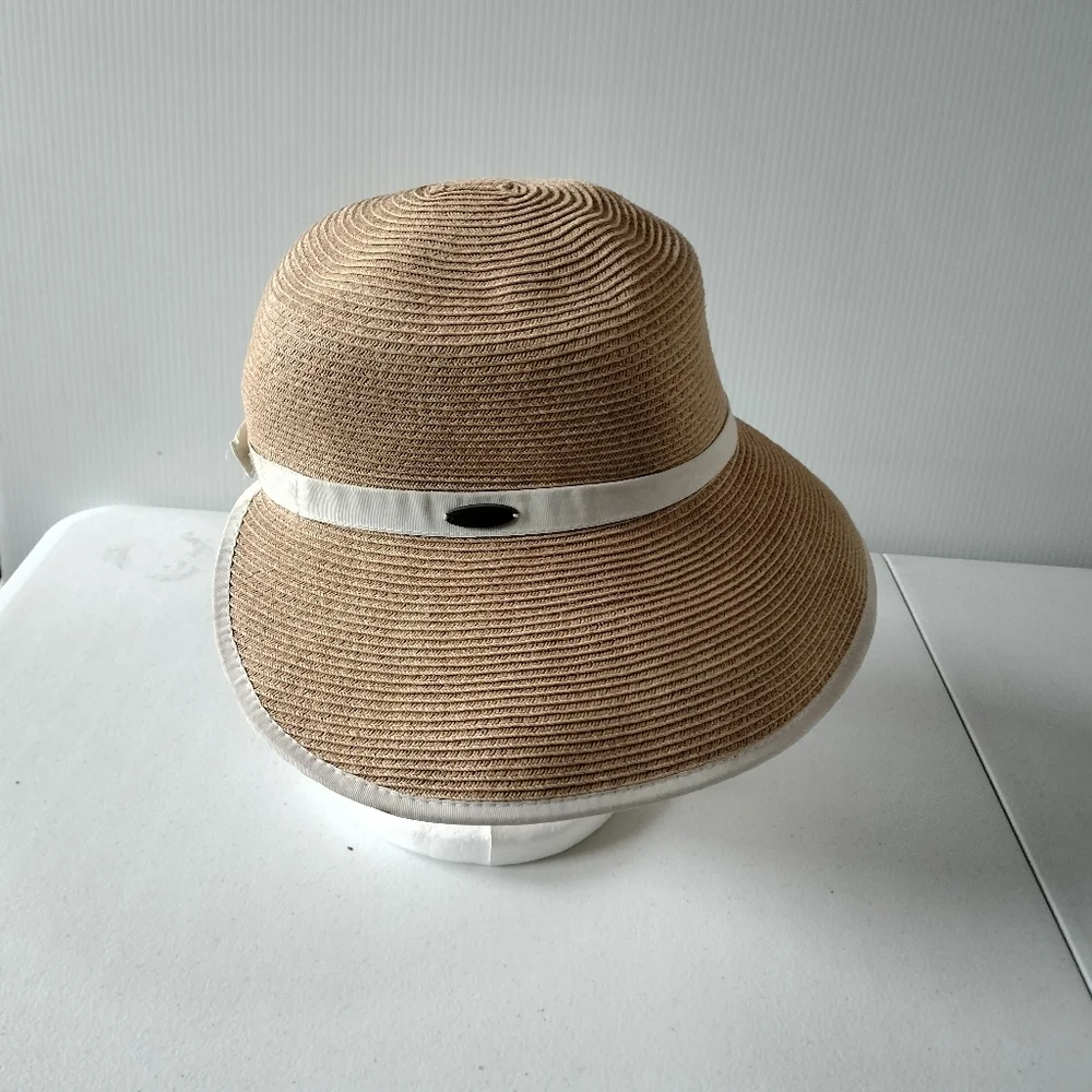 Cappelli Stylish Tan White Sun Hat Pool Beach Resort Travel Gardening - Picture 2 of 8